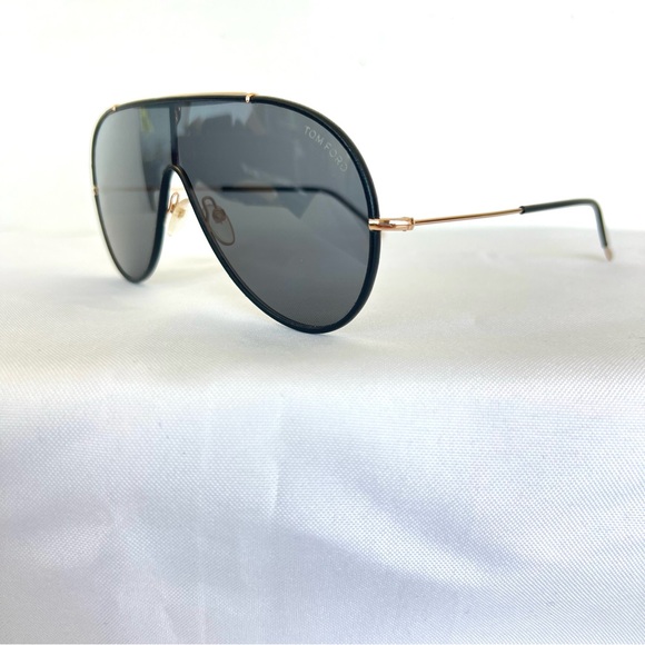 TOM FORD TF671 Mack Black Leather Rose Gold Metal Frame Aviator Large Sunglasses - Picture 6 of 16